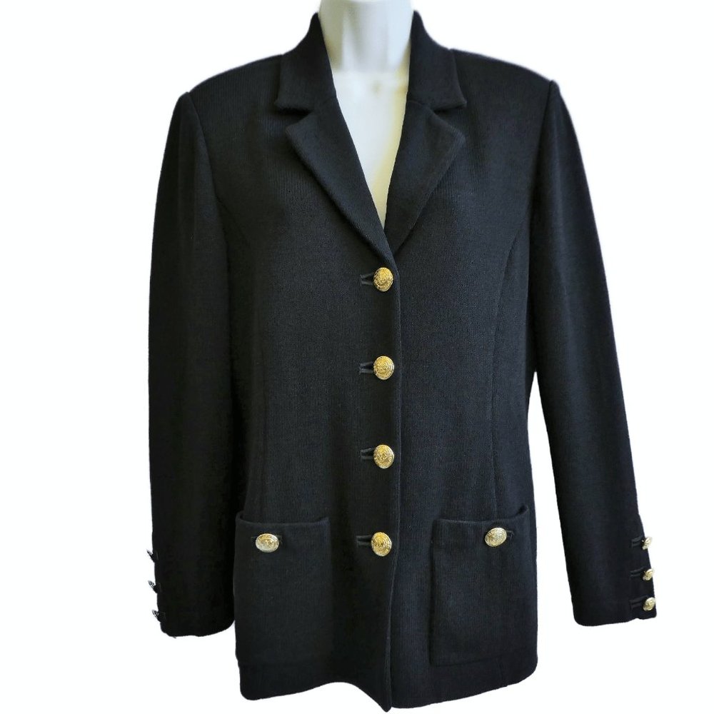 St John Basics Blazer Jacket Black Santana Knit Logo Gold Buttons Pockets USA 6 - Picture 2 of 10